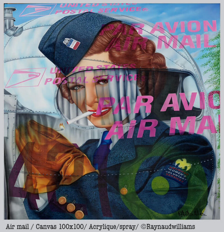 Air mail, peinture de Williams Raynaud, canvas 100 x 100, acrylique et spray