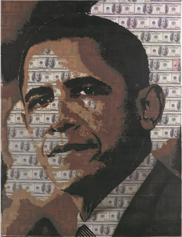 Obama, peinture de Williams Raynaud,(collection privée) canvas 116 x 89, collage, acrylique et spray